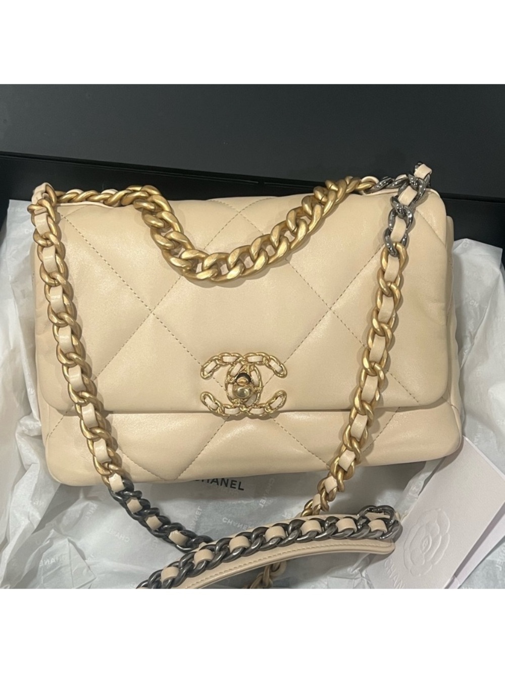 Chanel Flap 19 Beige Quilted Leather Shoulder Bag